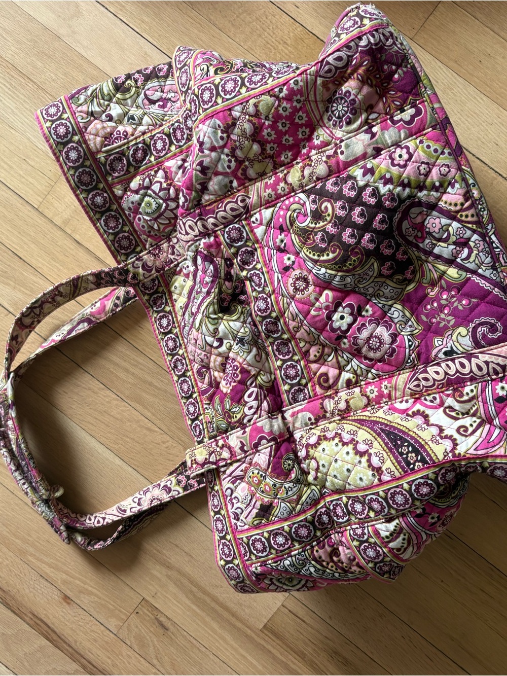 Vera Bradley Magenta Paisley Quilted Tote with Cream and Green Accents